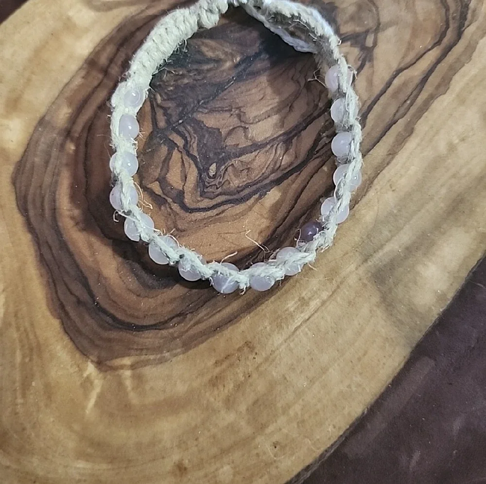 Handmade Shell & Bead Hemp Anklet - Natural Beige with Rose Quartz Beads